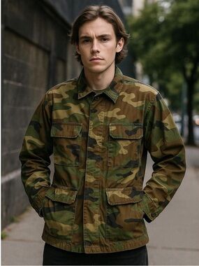Woodland | Unisex Green Camouflage Button Front Military Field Jacket Size S
